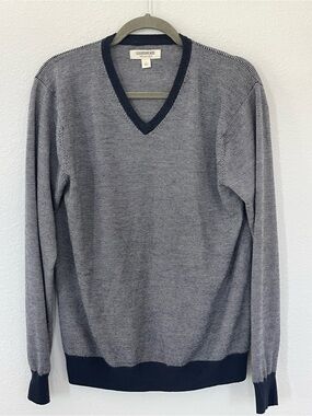 Goodthreads Men’s L 100% Merino Wool V Neck Striped Sweater Navy Gray